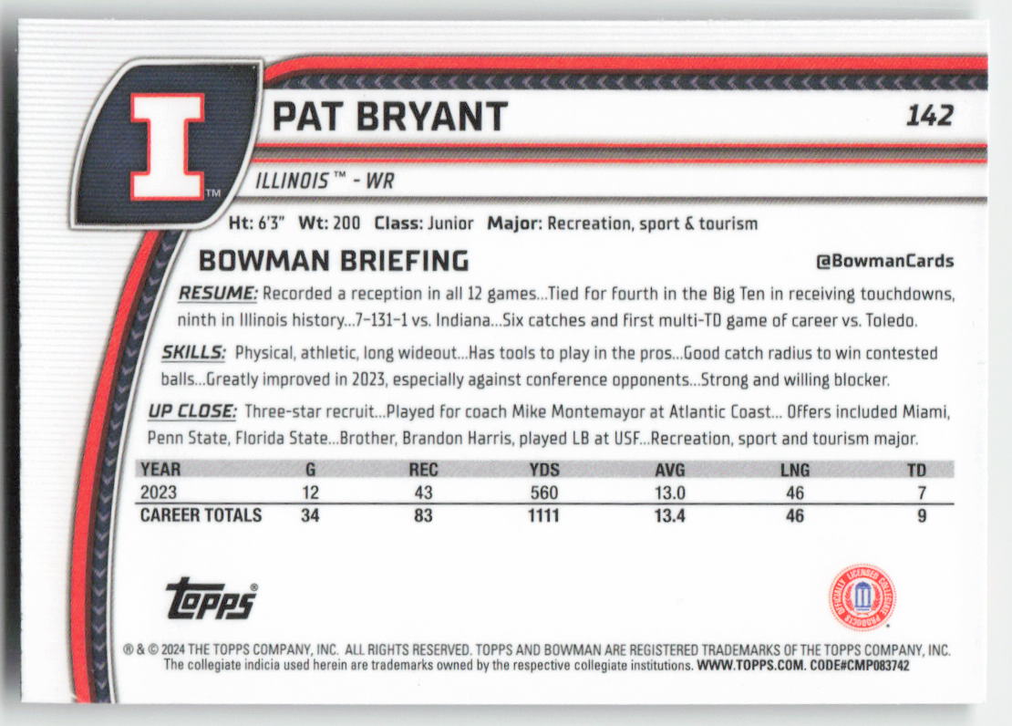 2024 Bowman University Chrome #142 Pat Bryant Illinois Fighting Illini FB1-609