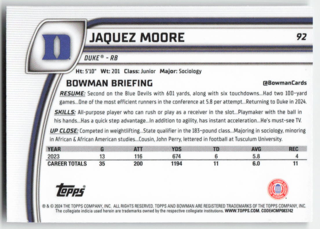2024 Bowman University Chrome #92 Jaquez Moore Duke Blue Devils FB1-611