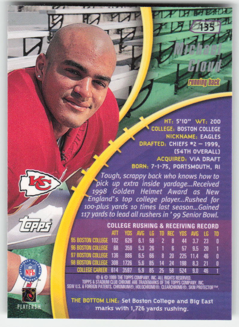 1999 Stadium Club Chrome #135 Michael Cloud Kansas City Chiefs Rookie FB1-615