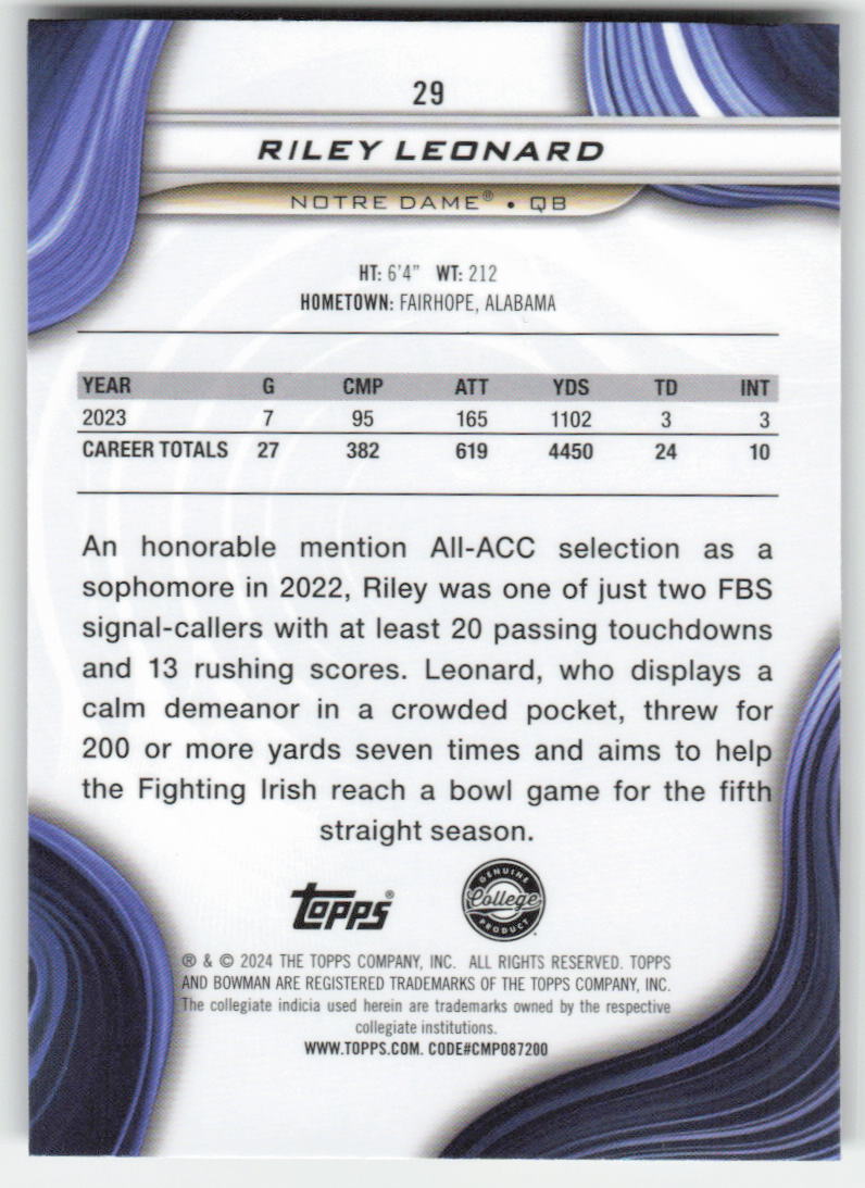 2024 Bowman University Best #29 Riley Leonard Notre Dame Fighting Irish FB1-621