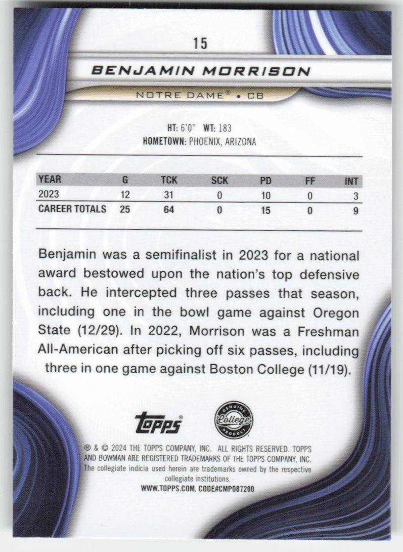 2024 Bowman University Best #15 Benjamin Morrison Notre Dame FB1-622
