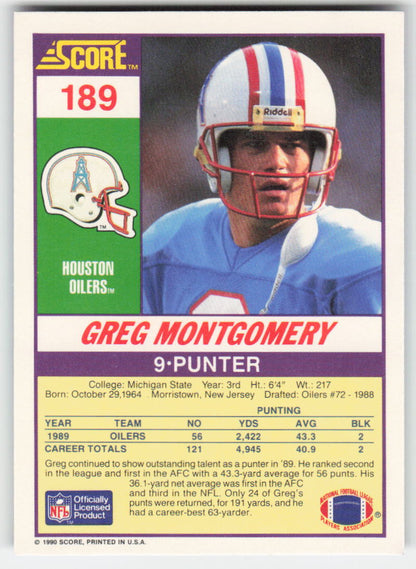 1990 Score #189 Greg Montgomery Houston Oilers Rookie FB1-631