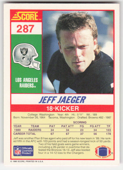 1990 Score #287 Jeff Jaeger Los Angeles Raiders Rookie FB1-632