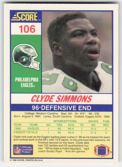 1990 Score #106 Clyde Simmons Philadelphia Eagles FB1-634