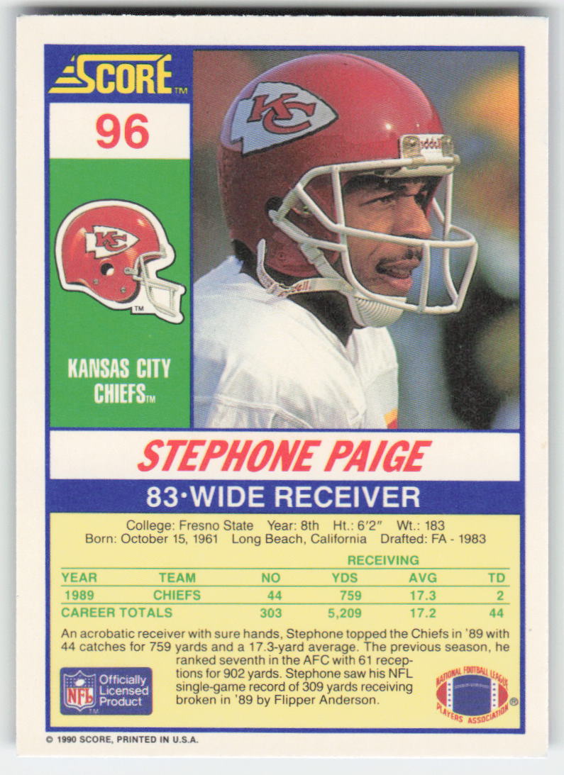 1990 Score #96 Stephone Paige Kansas City Chiefs FB1-635