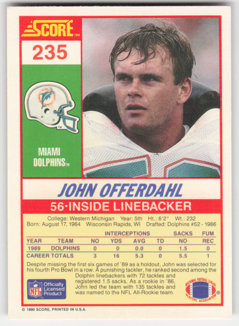 1990 Score #235 John Offerdahl Miami Dolphins FB1-637