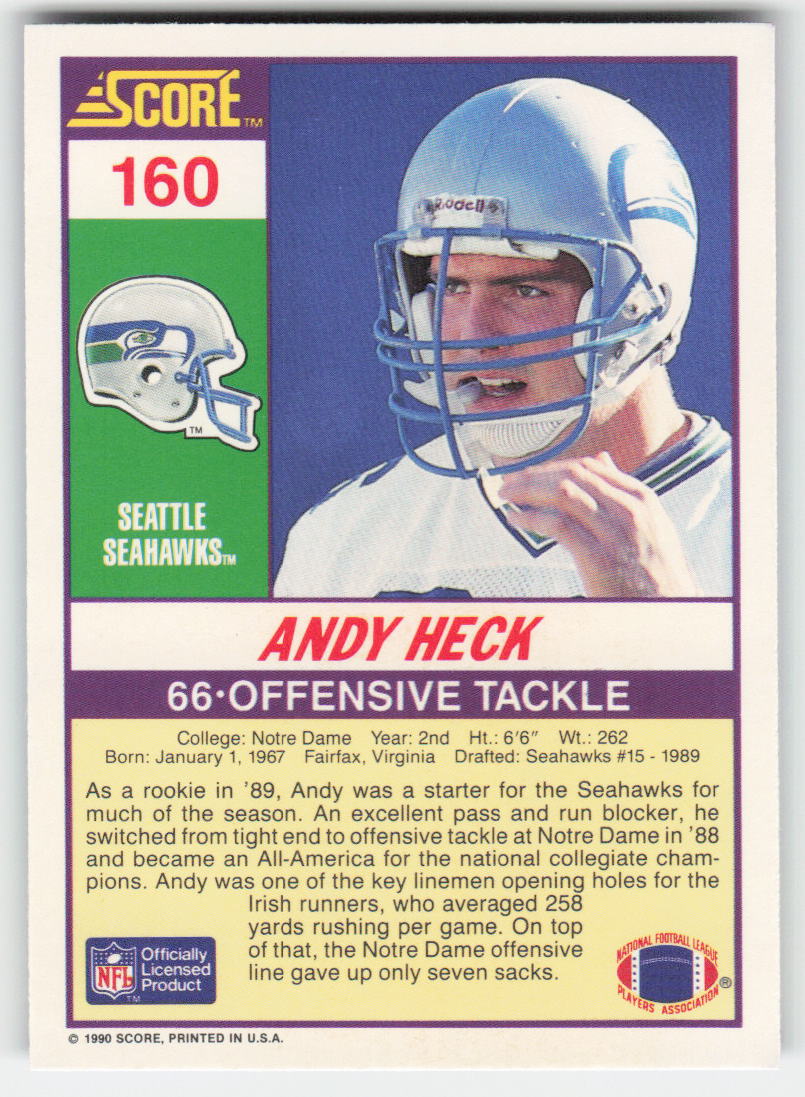 1990 Score #160 Andy Heck Seattle Seahawks FB1-639
