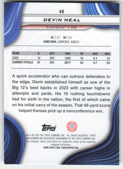 2024 Bowman University Best #49 Devin Neal Kansas Jayhawks FB1-643