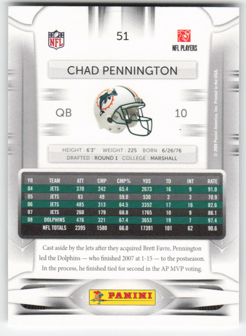 2009 Playoff Prestige #51 Chad Pennington Miami Dolphins FB1-668