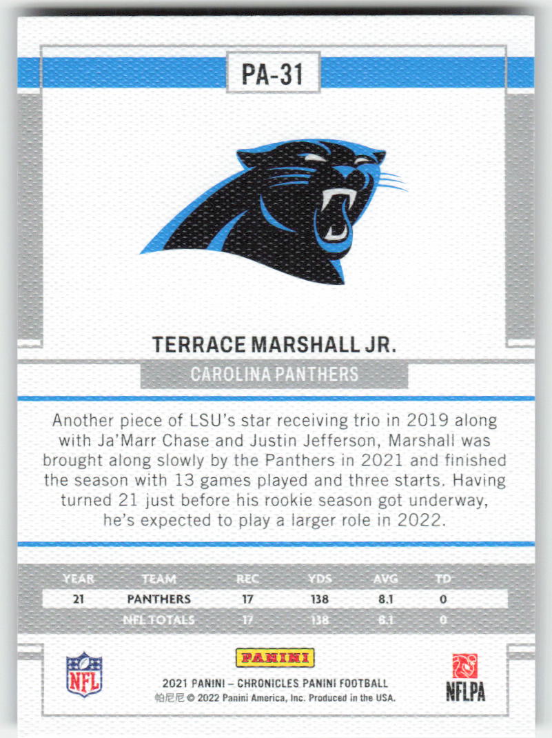 2021 Panini Chronicles #PA-31 Terrace Marshall Jr. Carolina Panthers FB1-708