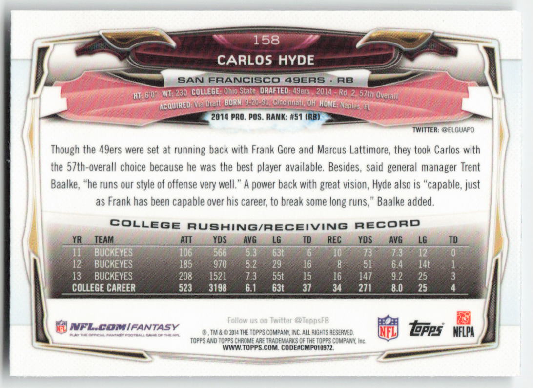2014 Topps #383 Carlos Hyde San Francisco 49ers Rookie FB1-710