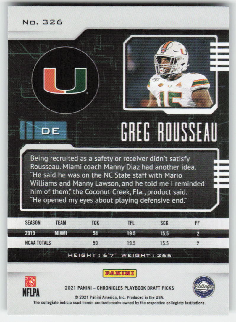 2021 Panini Chronicles Draft Picks #326 Greg Rousseau Miami Hurricanes FB1-727