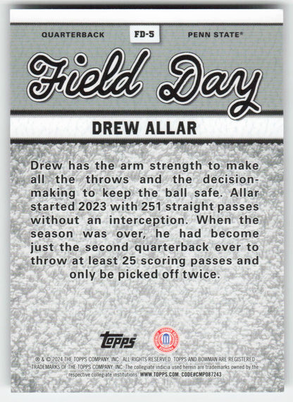 2024 Bowman University Best #FD-5 Drew Allar Field Day Penn State FB1-733