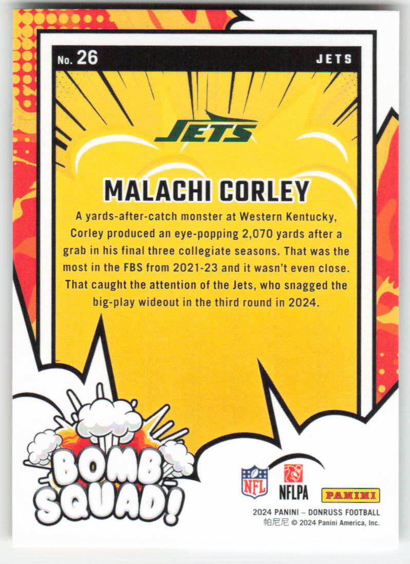 2024 Donruss #26 Malachi Corley Bomb Squad New York Jets FB1-740