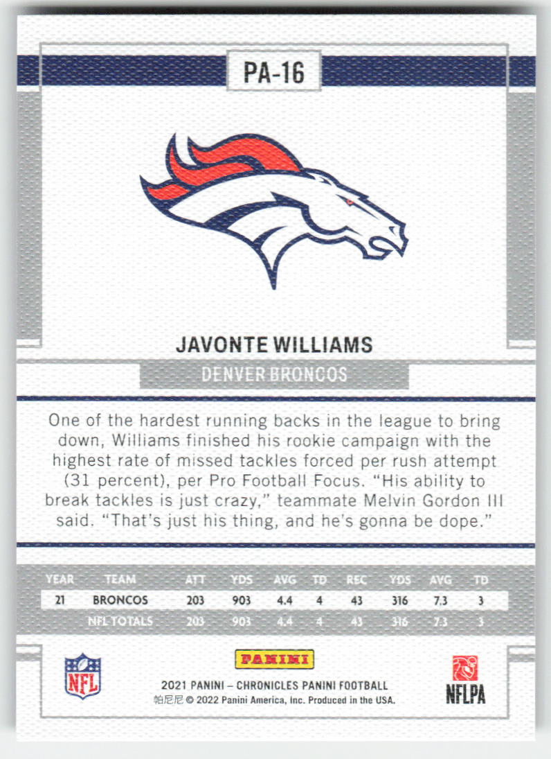 2021 Panini Chronicles #PA-16 Javonte Williams Panini Pink Broncos FB1-743