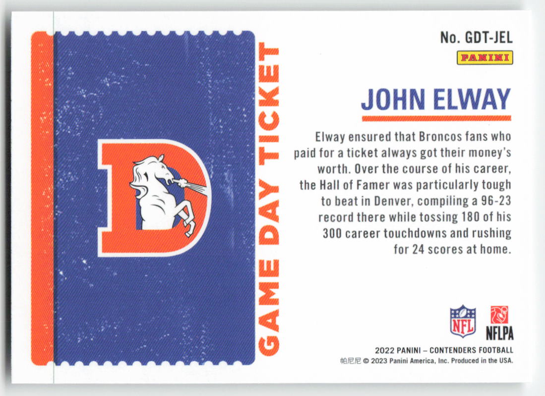 2022 Panini Contenders #GDT-JEL John Elway Game Day Ticket Emerald FB1-749