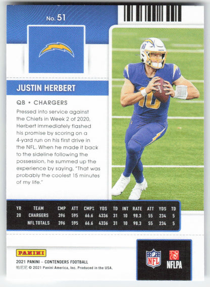2021 Panini Contenders #51 Justin Herbert Los Angeles Chargers FB1-769