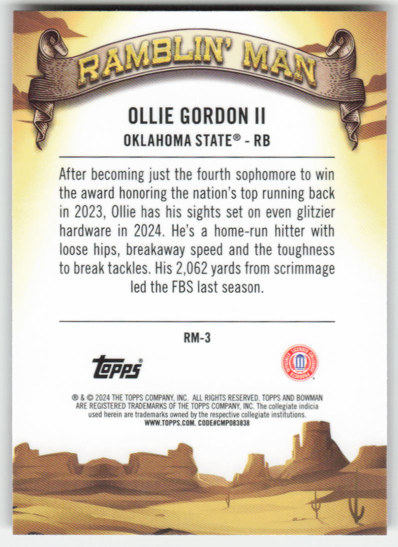 2024 Bowman University Chrome #RM-3 Ollie Gordon II Ramblin’ Man  FB1-802