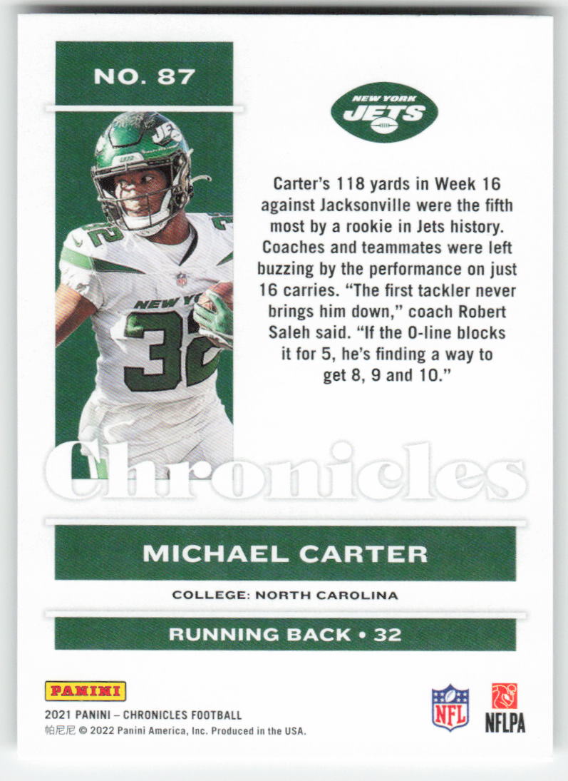 2021 Panini Chronicles #87 Michael Carter Red New York Jets Rookie FB1-806