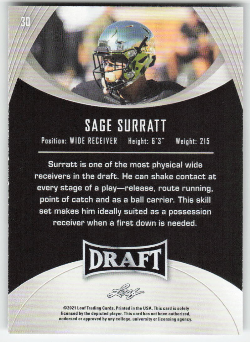2021 Leaf Draft #30 Sage Surratt Wake Forest Demon Deacons FB1-838
