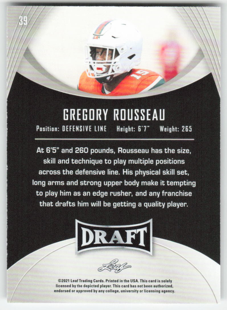 2021 Leaf Draft #39 Gregory Rousseau Miami Hurricanes FB1-846