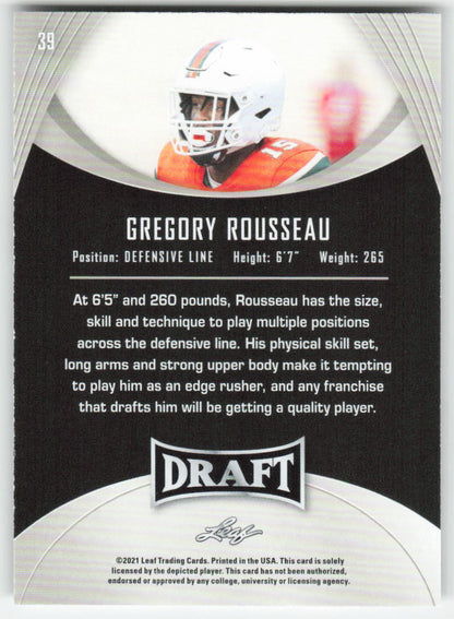 2021 Leaf Draft #39 Gregory Rousseau Miami Hurricanes FB1-846