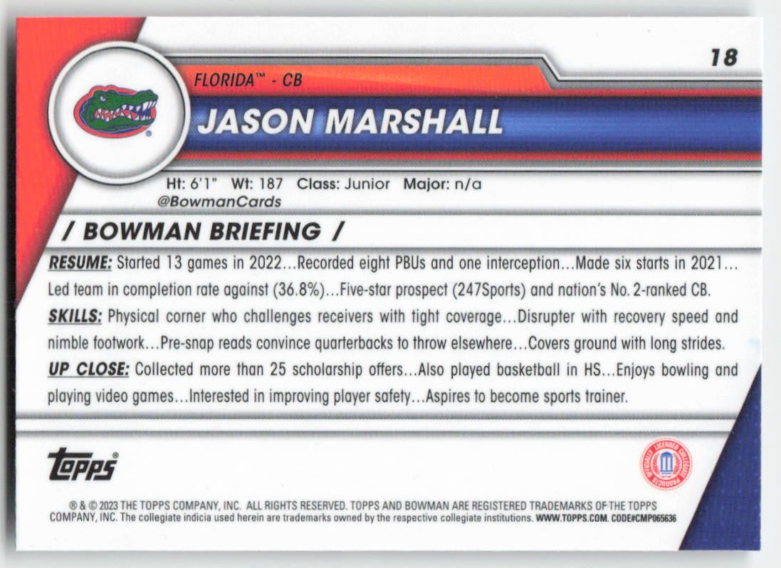 2023 Bowman University Chrome #18 Jason Marshall Florida Gators FB1-861