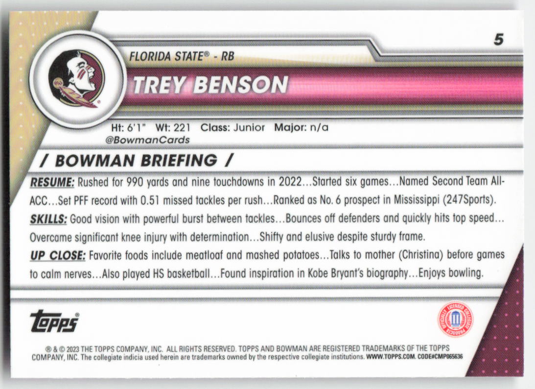 2023 Bowman University Chrome #5 Trey Benson Pink Refractor FSU FB1-863
