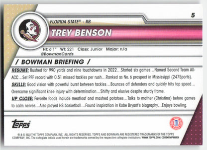 2023 Bowman University Chrome #5 Trey Benson Pink Refractor FSU FB1-863