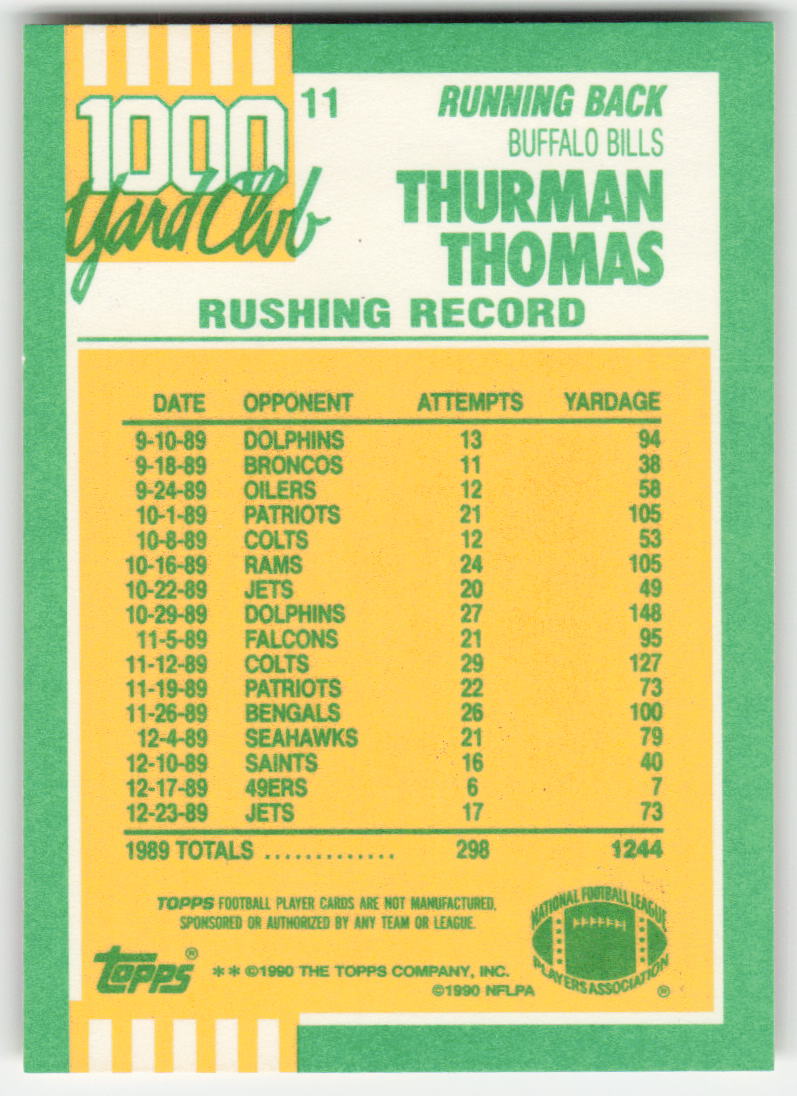 1990 Topps #11 Thurman Thomas 1000 Yard Club Buffalo Bills FB1-864