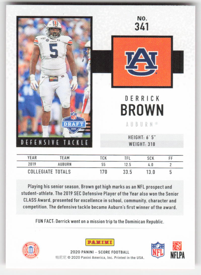 2020 Score #341 Derrick Brown Red Auburn Tigers Rookie FB1-885