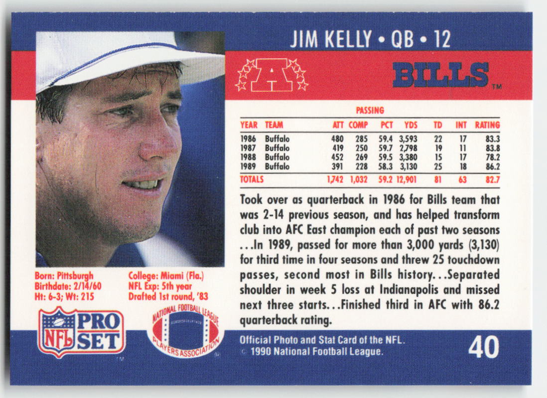 1990 Pro Set #40 Jim Kelly Buffalo Bills FB1-899