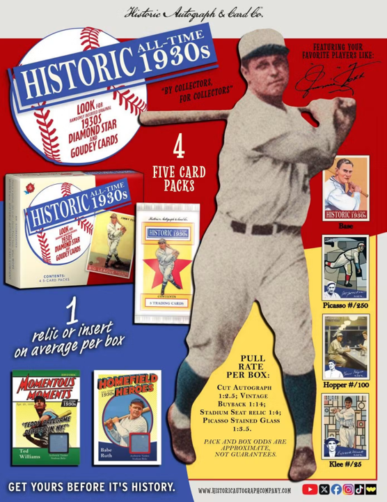 2026 Historic Autographs All-Time 1930s Baseball Hobby Pack (5 Cards)