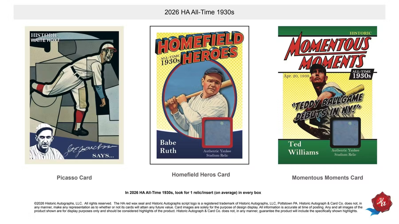 2026 Historic Autographs All-Time 1930s Baseball Hobby Pack (5 Cards)