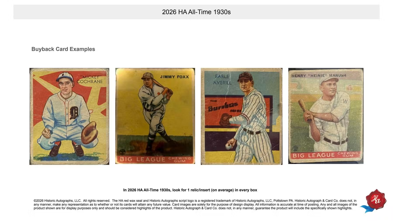 2026 Historic Autographs All-Time 1930s Baseball Hobby Pack (5 Cards)