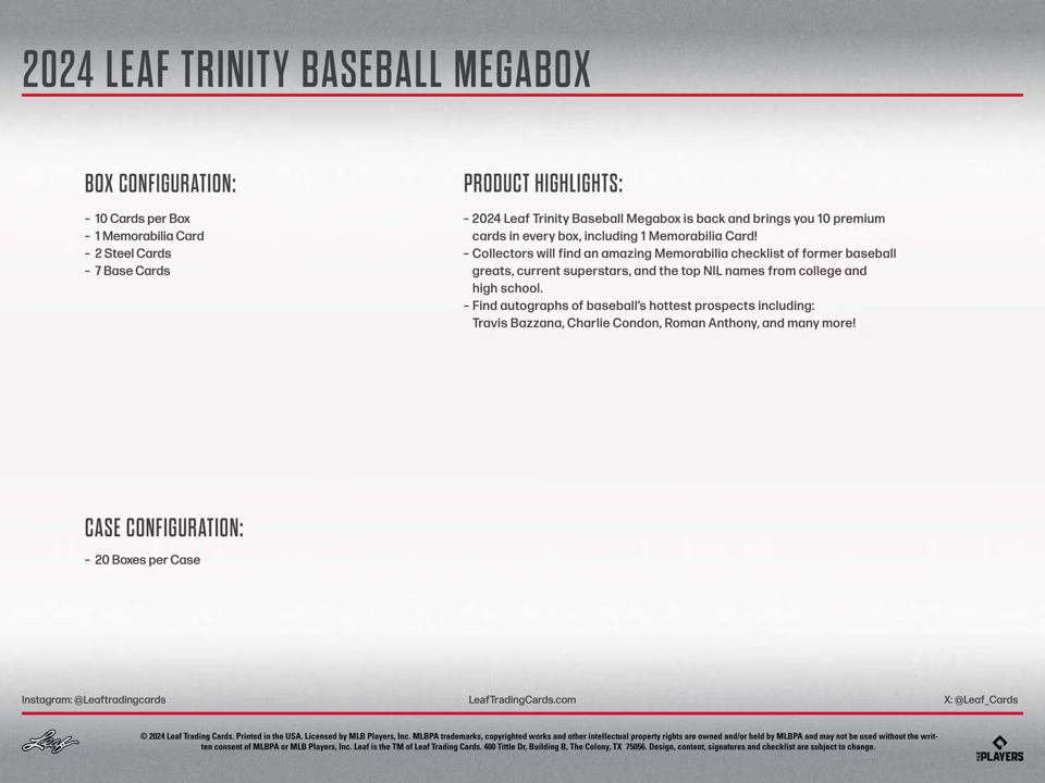 2024 Leaf Trinity Baseball Mega Box (10 Cards)