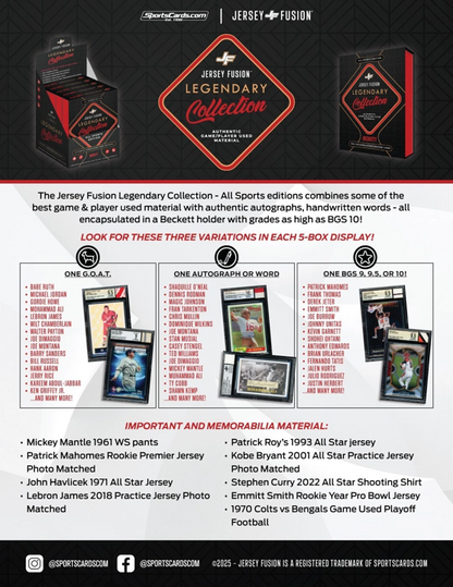 2025 Jersey Fusion Legendary Collection Edition Hobby Box (1 Relic Card)